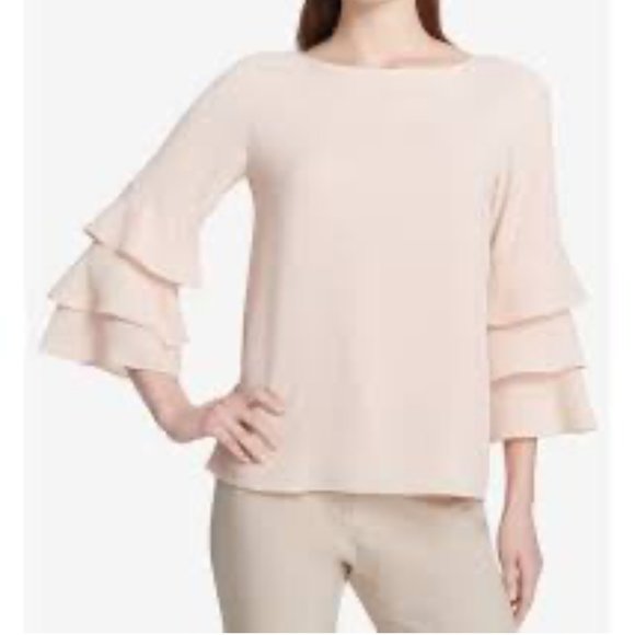 Calvin Klein Womens Size Large Blouse Pale Pink Tiered Bell Sleeve Round Neck - Picture 1 of 12